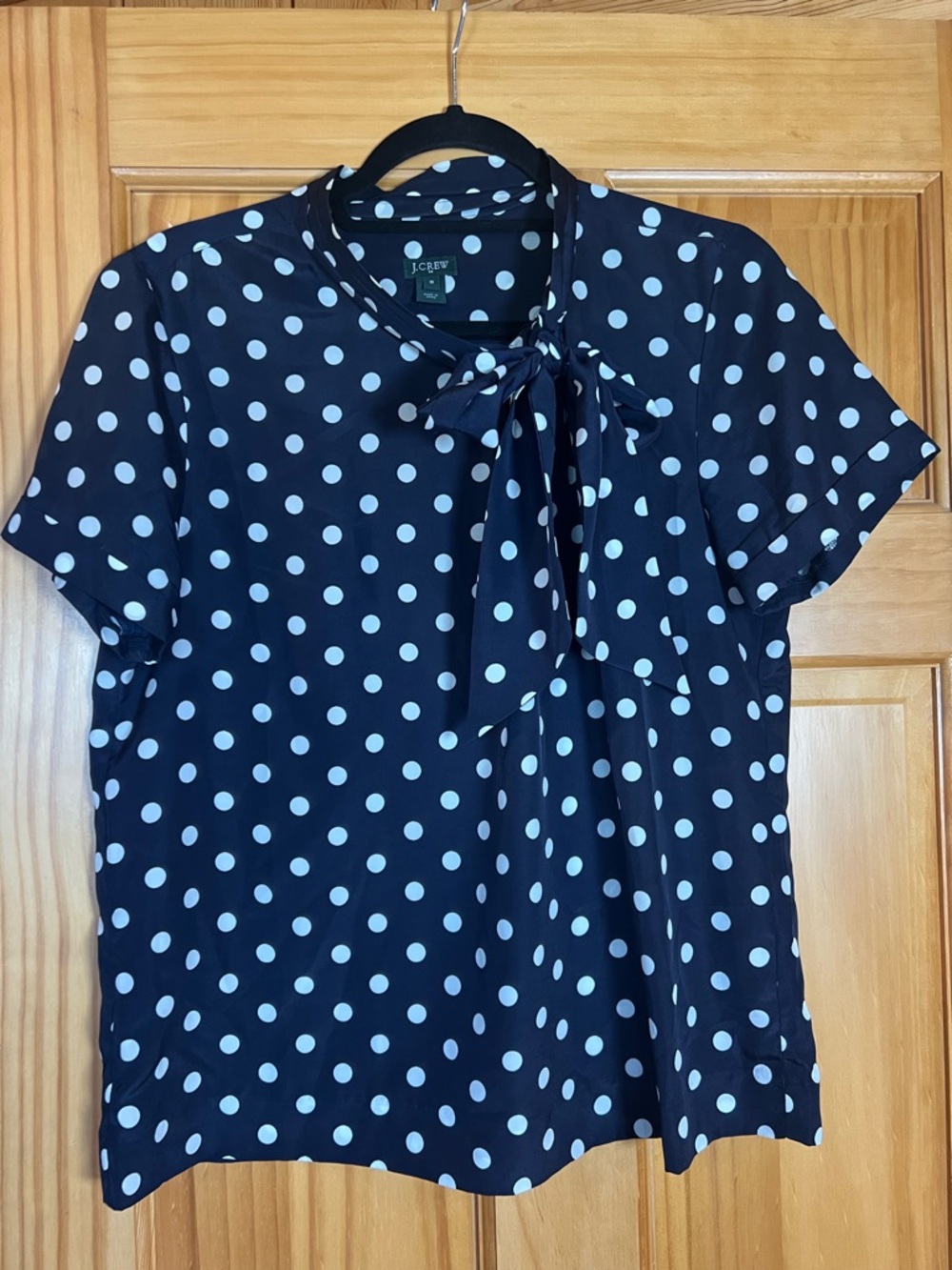 J. Crew Navy and White Polka Dot Tie-Neck Blouse
